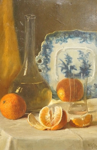 20th century school, still life of oranges and vessels, monogramed WHB, oil on board, 45 x 29cm
